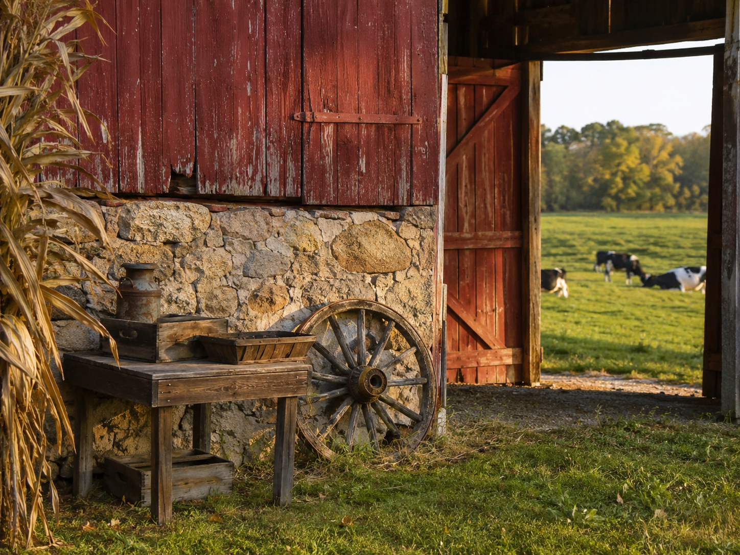 A weathered red Michigan barn with antiques, corn stalks, and dairy cows in the pasture